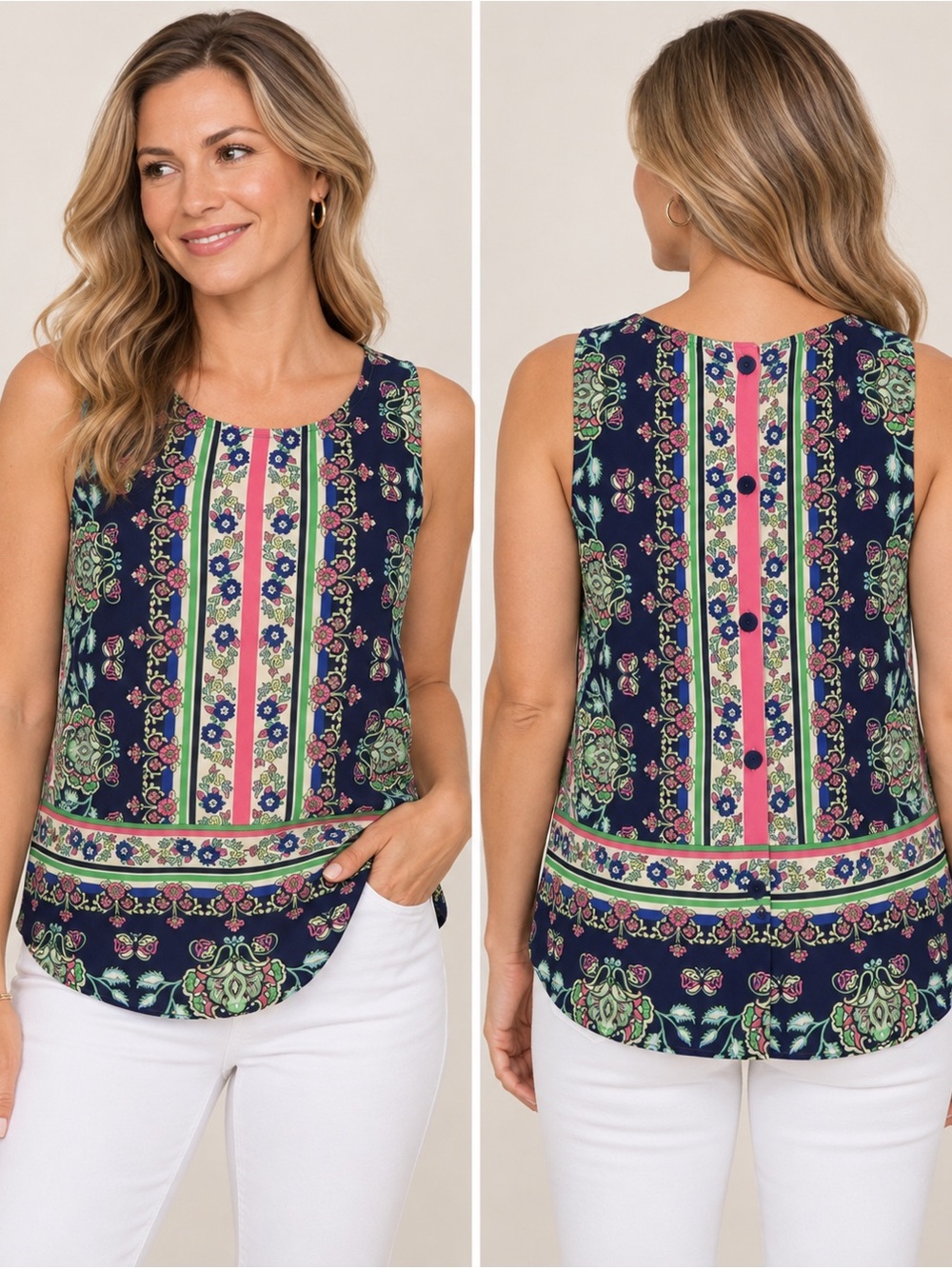 Anne Carson Sleeveless Blouse Floral Paisley Pink, Blue, green button back detai